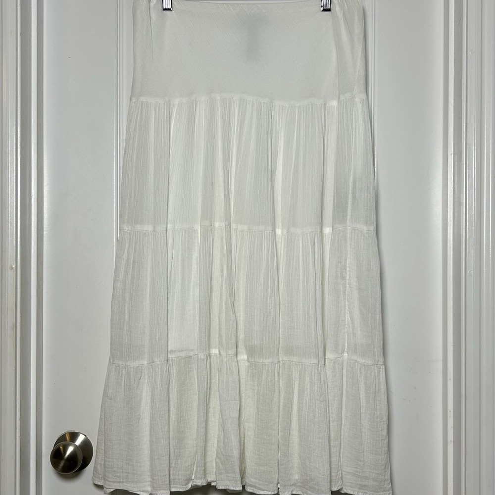 Chaps Ralph Lauren Vintage 90s 100% Cotton White Crinkled Tiered Maxi Skirt